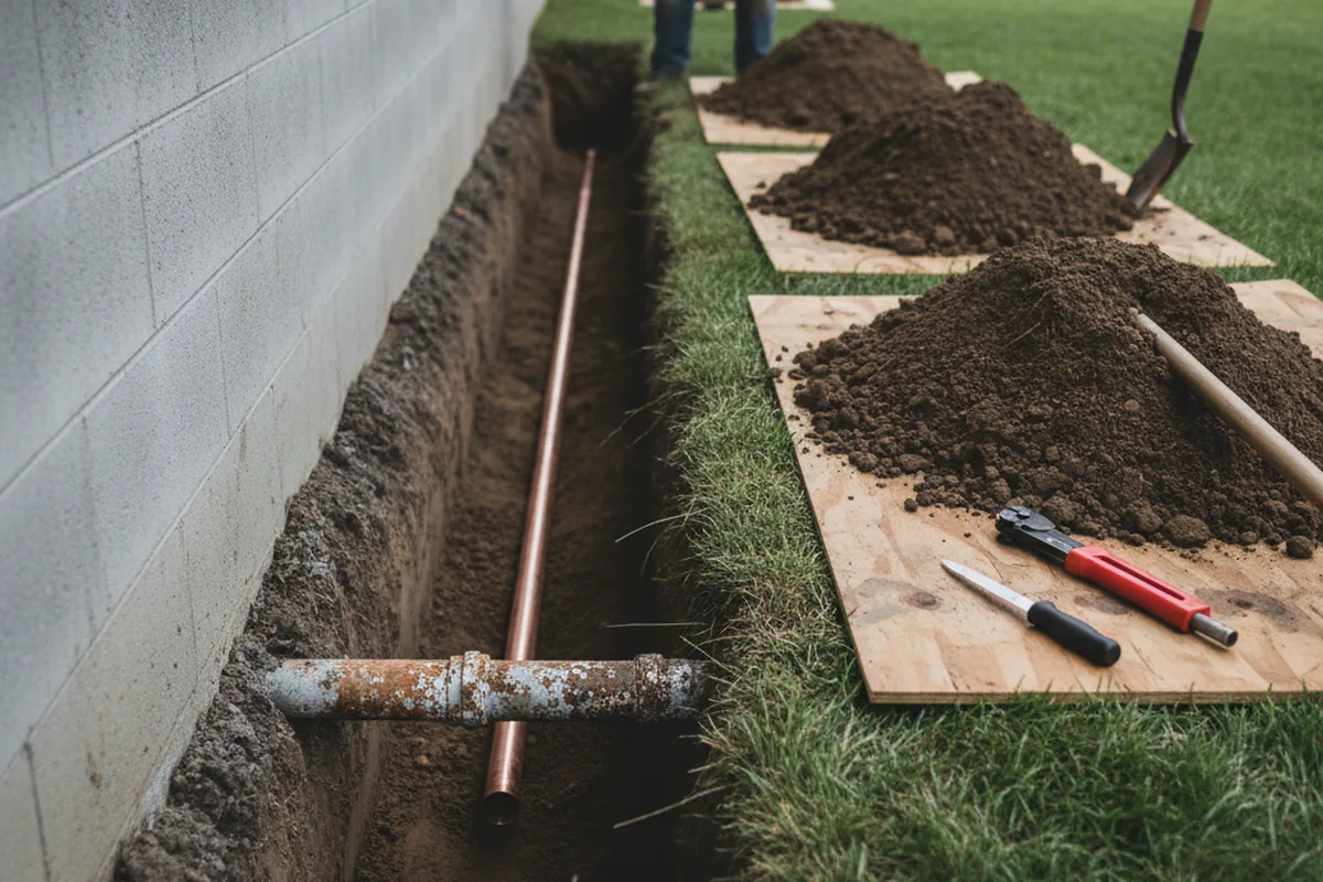 Excavated water line trench during Water Heater Repair in York New Salem